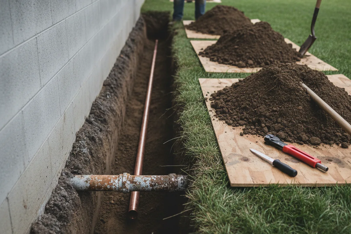 Excavated water line trench during Water Heater Repair in Clay City